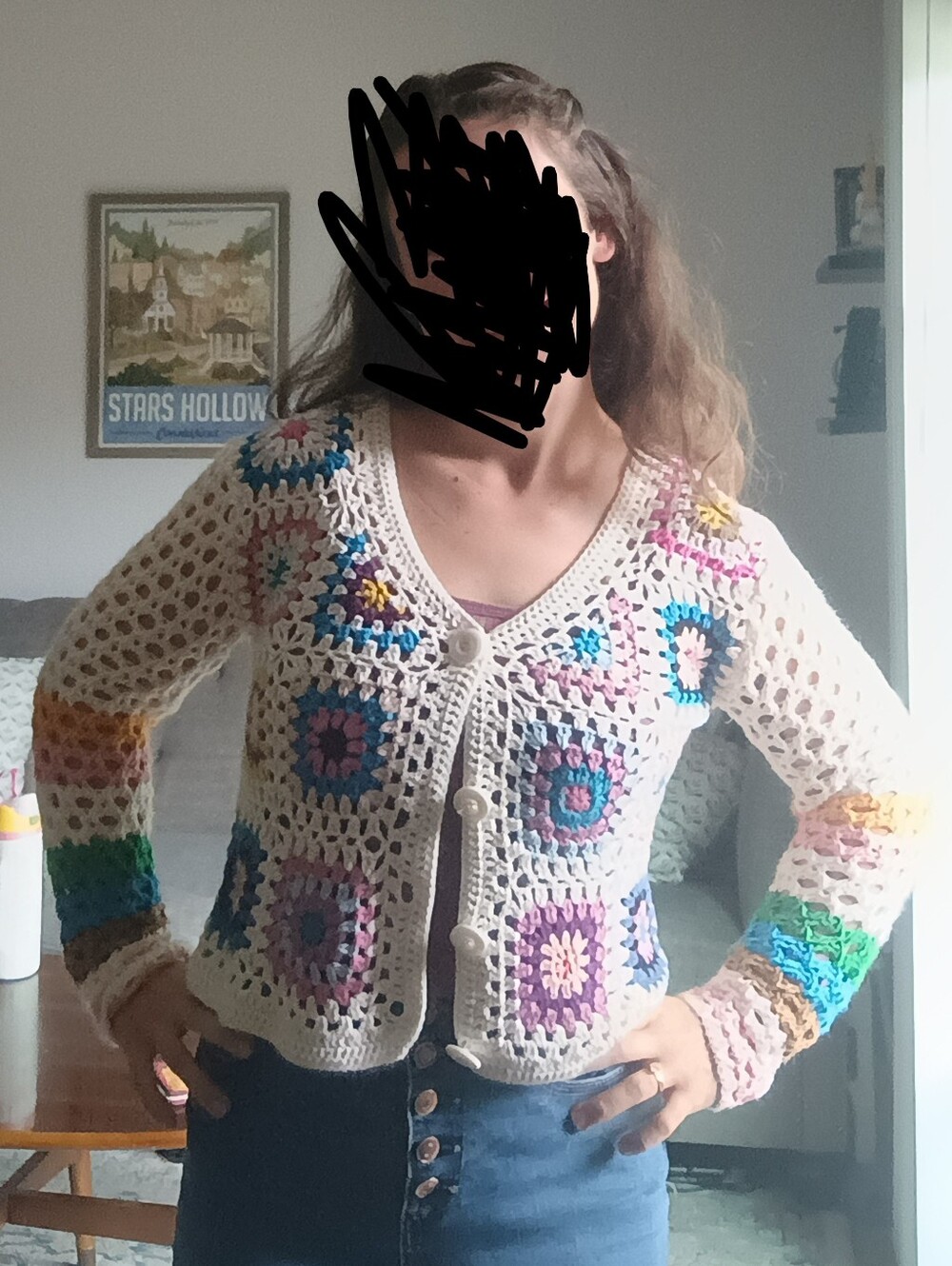 Women's Cream Crochet Granny Square Cardigan Sweater